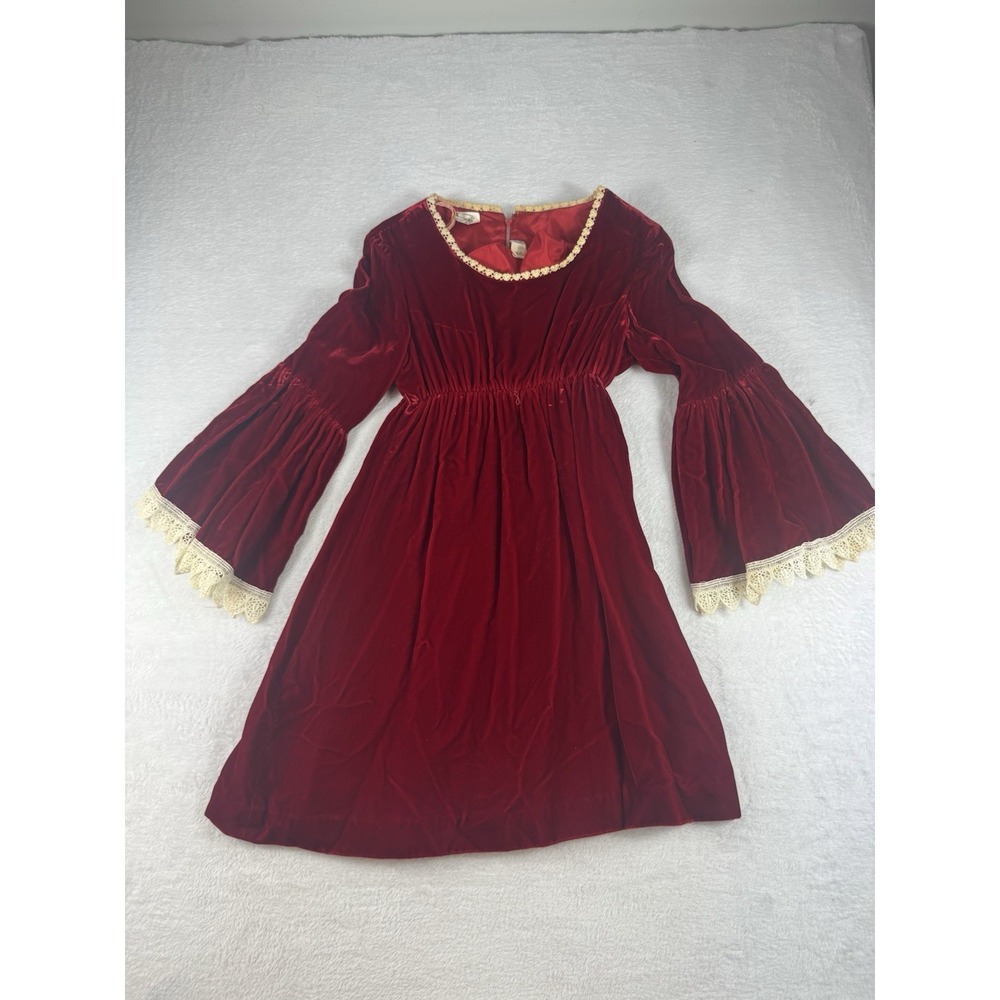 Vintage Girls Red Velvet Girls Dress Lace Holiday Renaissance Size 9